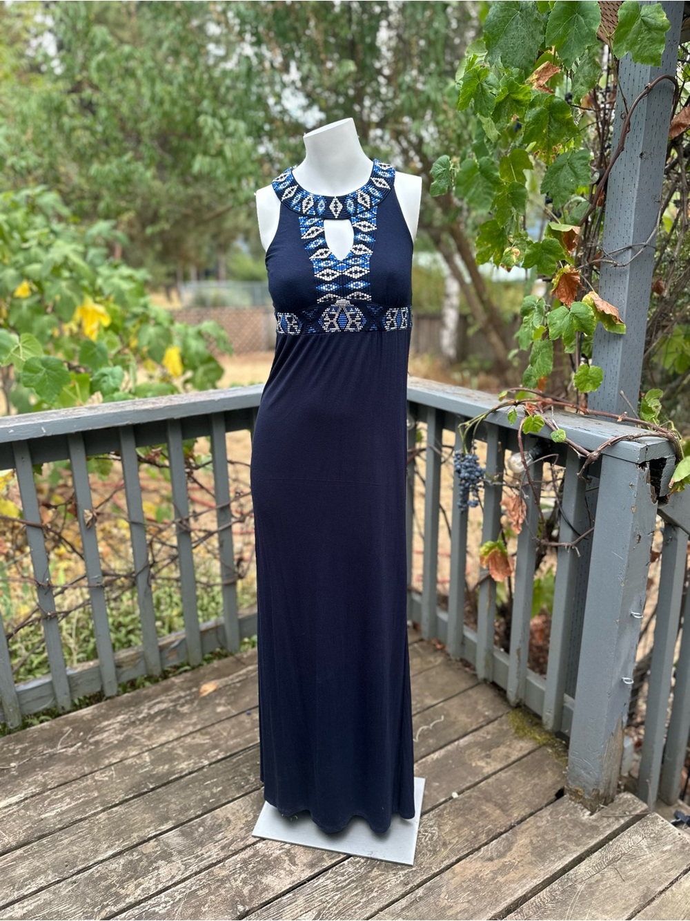 INC International Concepts Navy Maxi Dress Beaded Neck XS Halter  (G-1786)